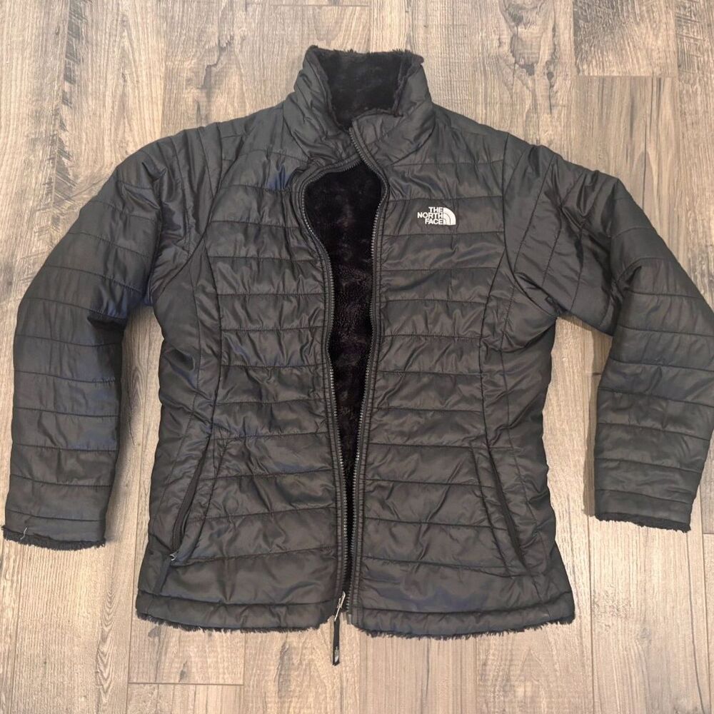 The North Face Girls XL 18 Reversible Mossbud Swirl Jacket Black Faux Fur Puffer